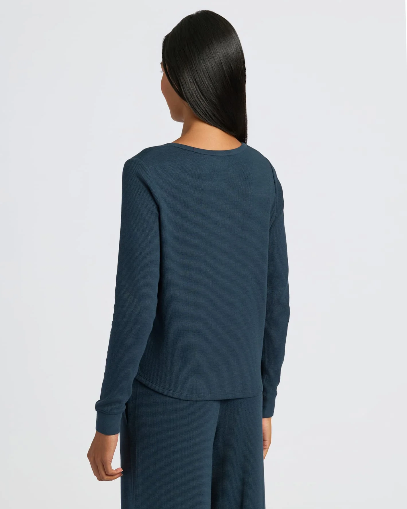 Womens Navy Waffle Long Sleeve Boxy Henley - Image 4