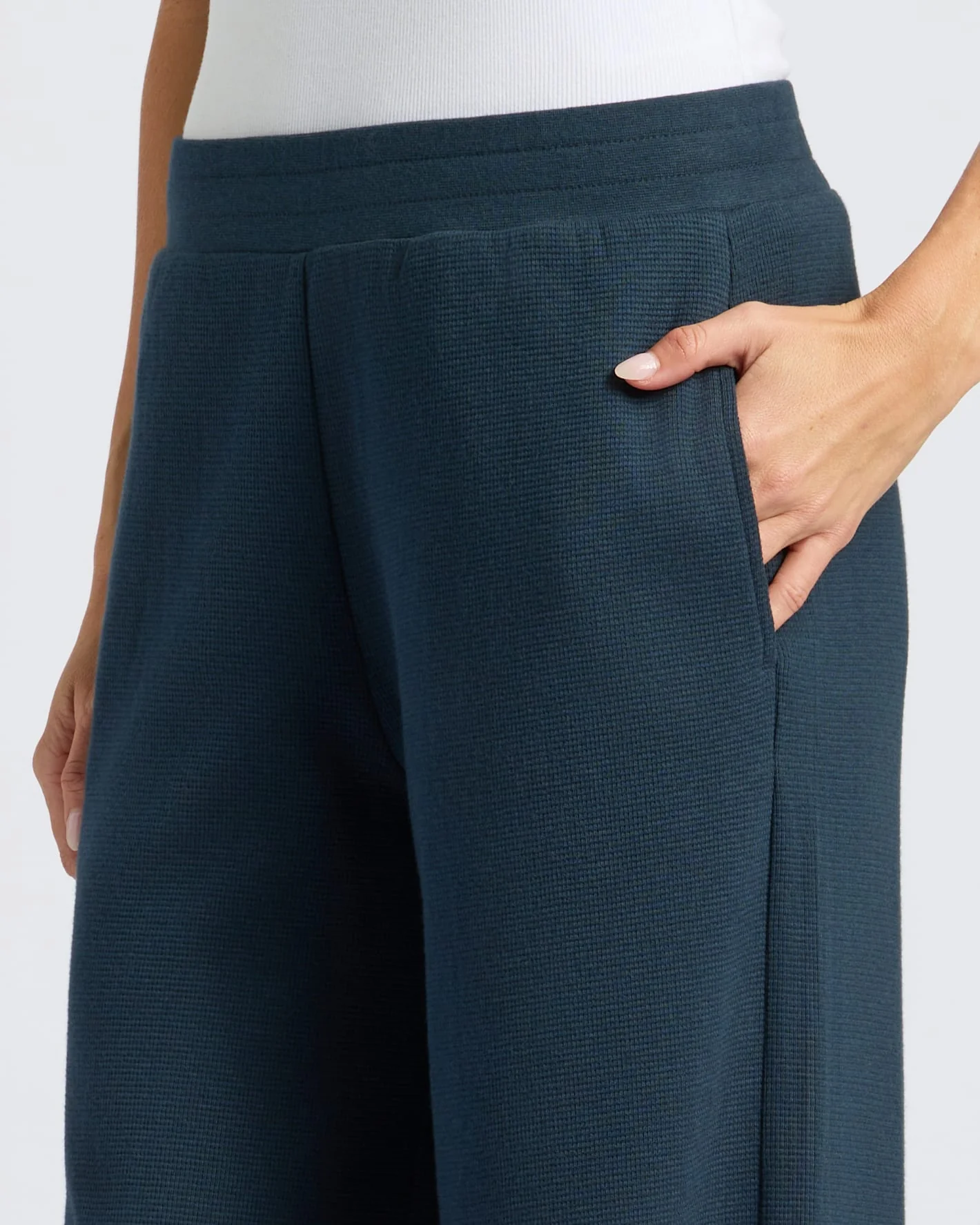 Womens Navy Waffle Wide Leg Pants - Image 5
