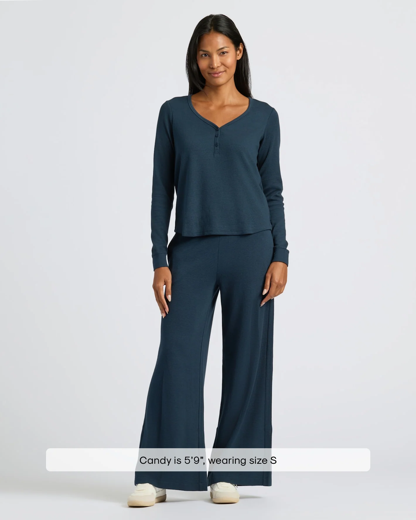 Womens Navy Waffle Wide Leg Pants - Image 3