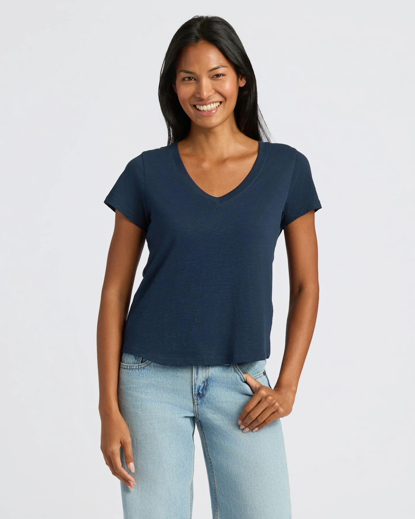 Womens Navy & White Relaxed Slub V-Neck Tee 4-Pack - Image 2