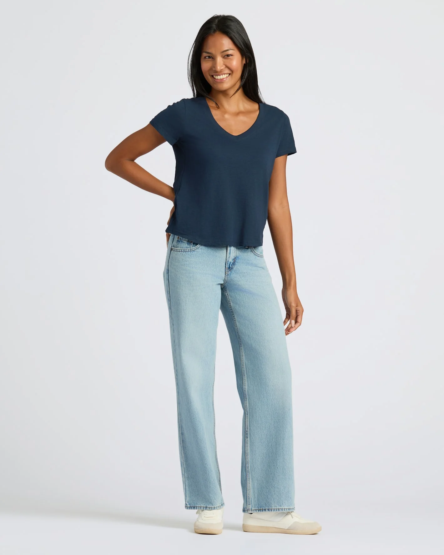Womens Navy & White Relaxed Slub V-Neck Tee 4-Pack - Image 3
