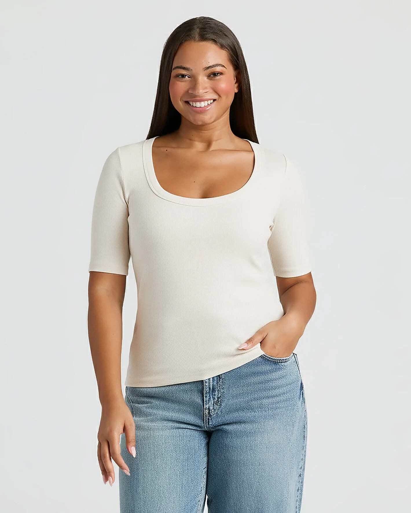Womens Oatmeal Ribbed 3/4 Sleeve Scoop Neck Tee - Image 8