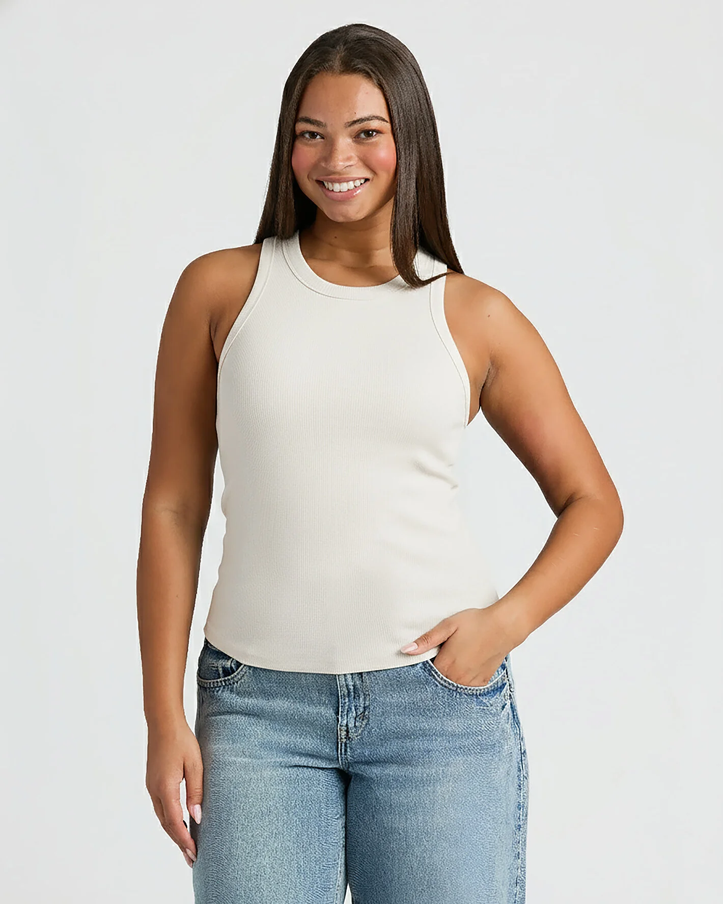 Womens Oatmeal Ribbed High Neck Tank - Image 7