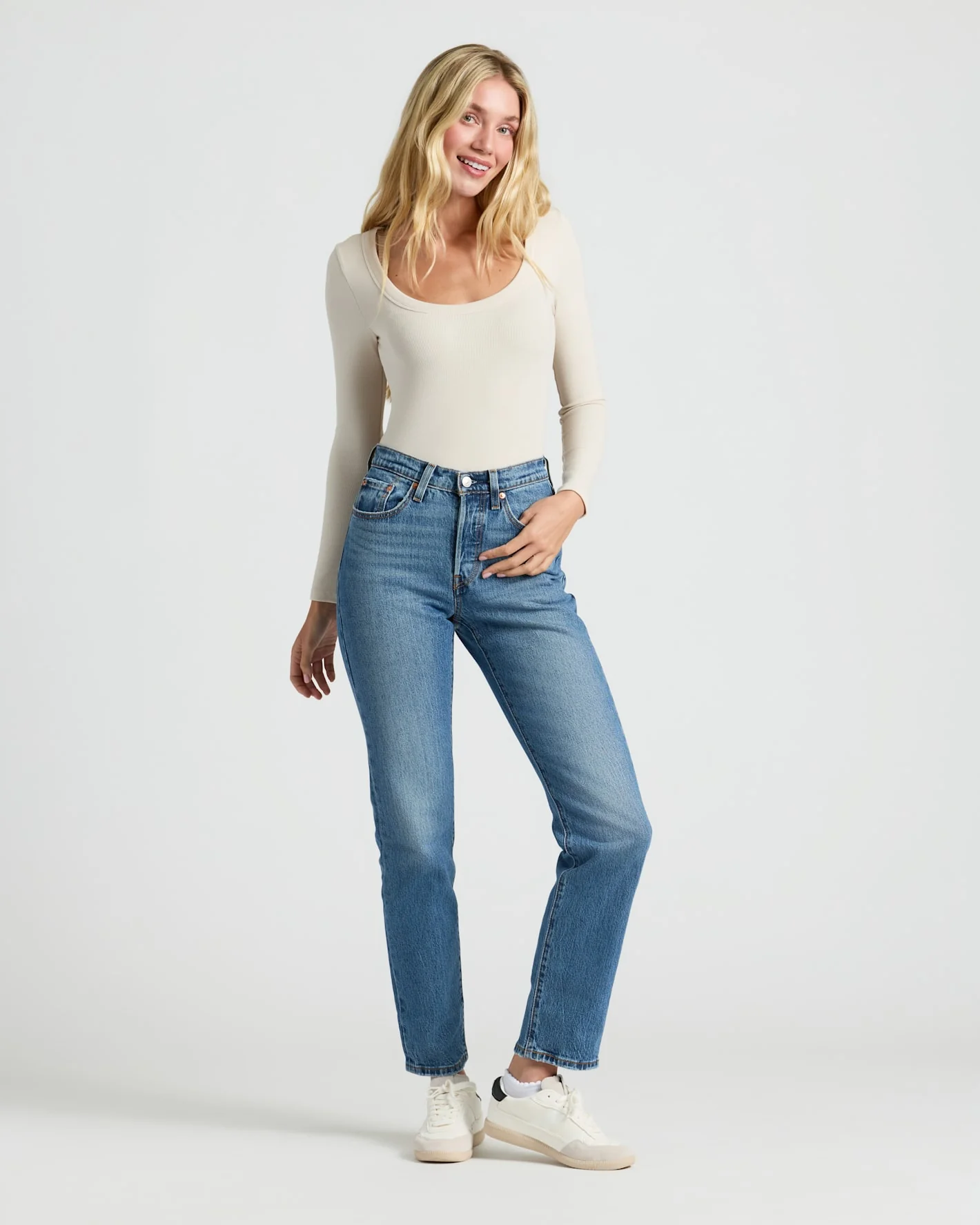 Womens Oatmeal Ribbed Long Sleeve Scoop Neck Tee - Image 3