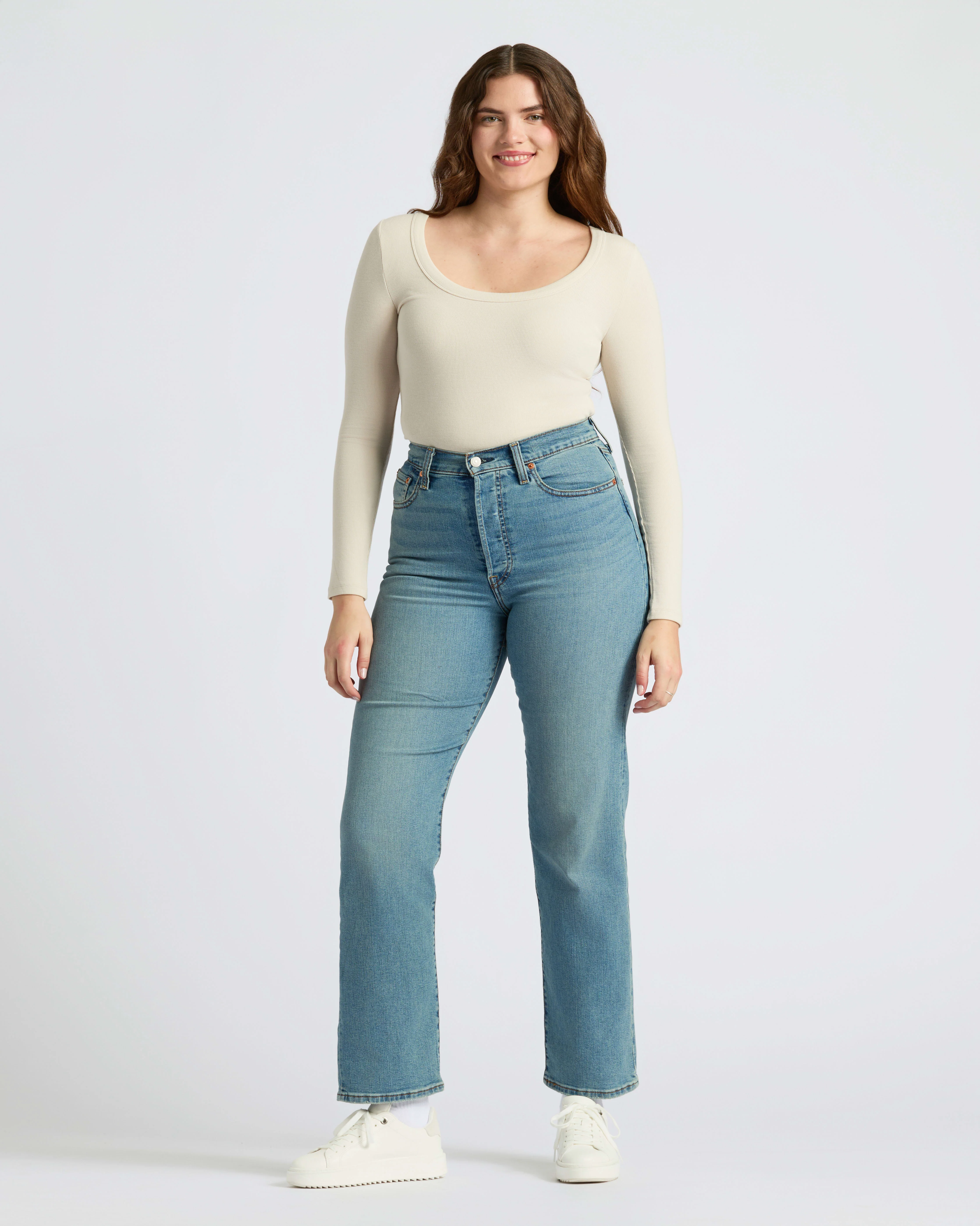 Womens Oatmeal Ribbed Long Sleeve Scoop Neck Tee - Image 7