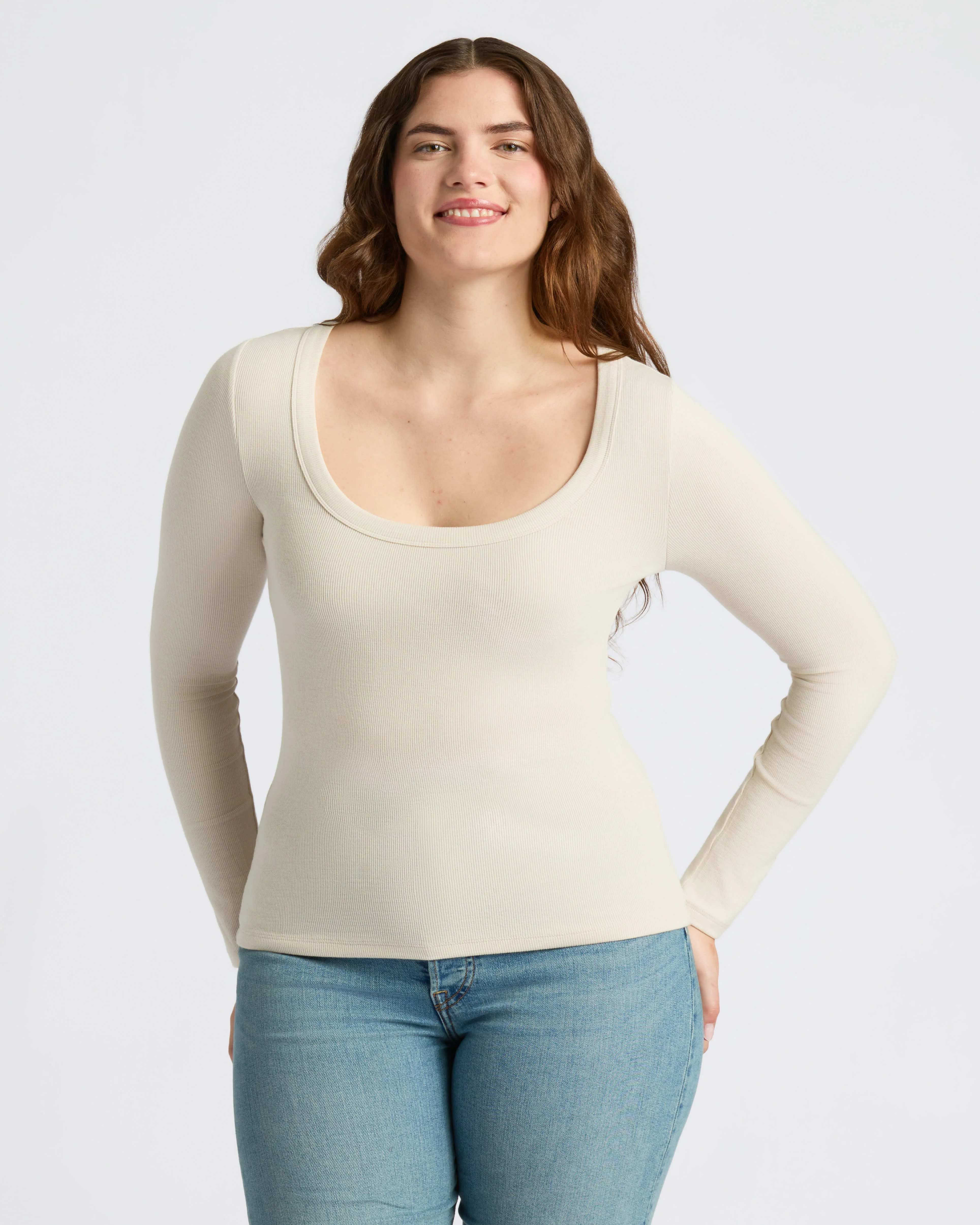 Womens Oatmeal Ribbed Long Sleeve Scoop Neck Tee - Image 9