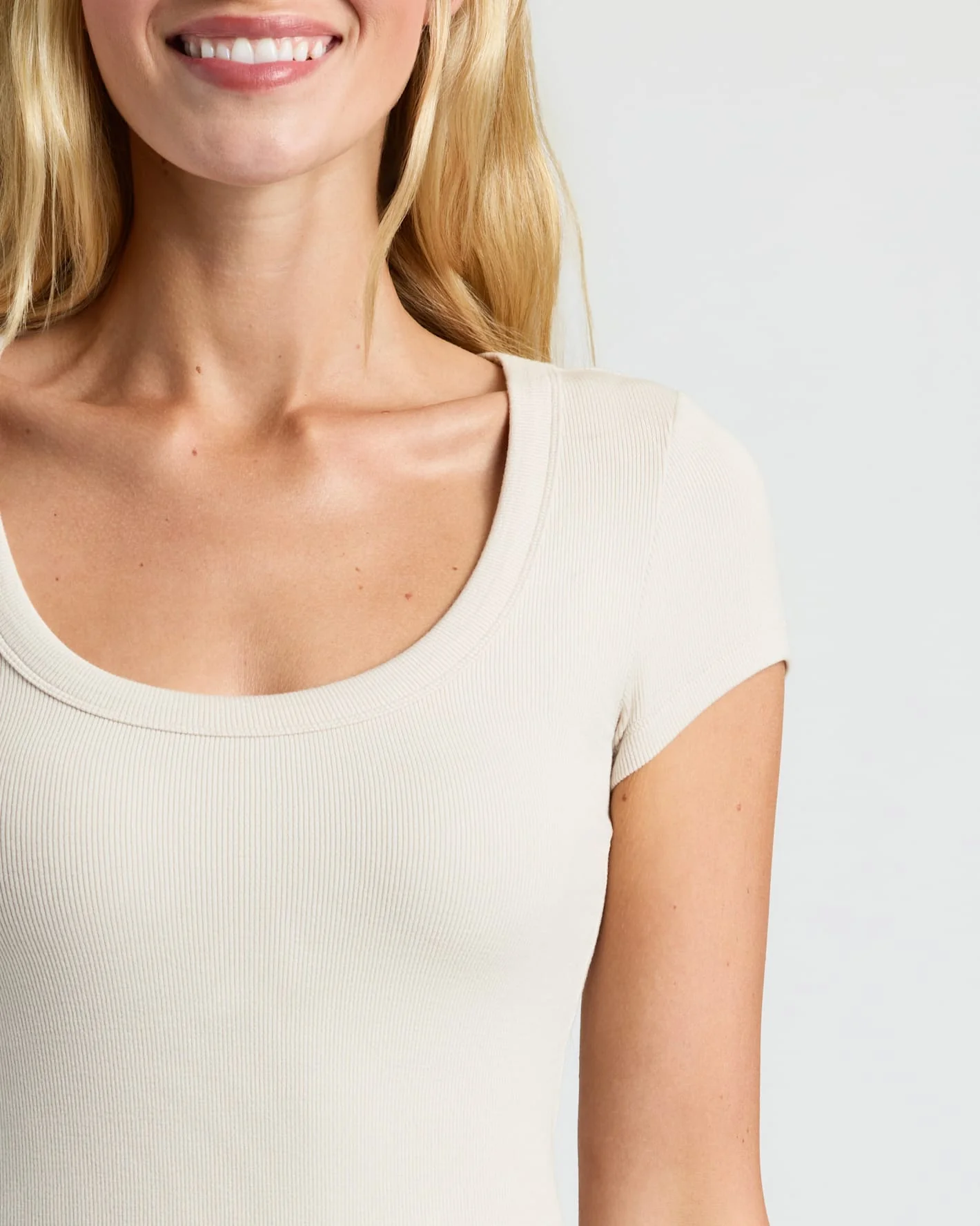 Womens Oatmeal Ribbed U-Neck Tee - Image 5