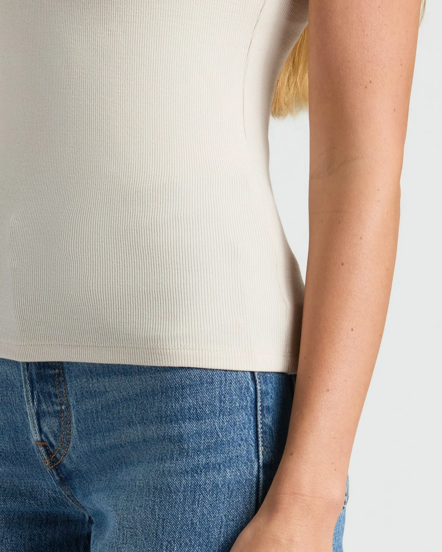 Womens Oatmeal Ribbed U-Neck Tee - Image 6