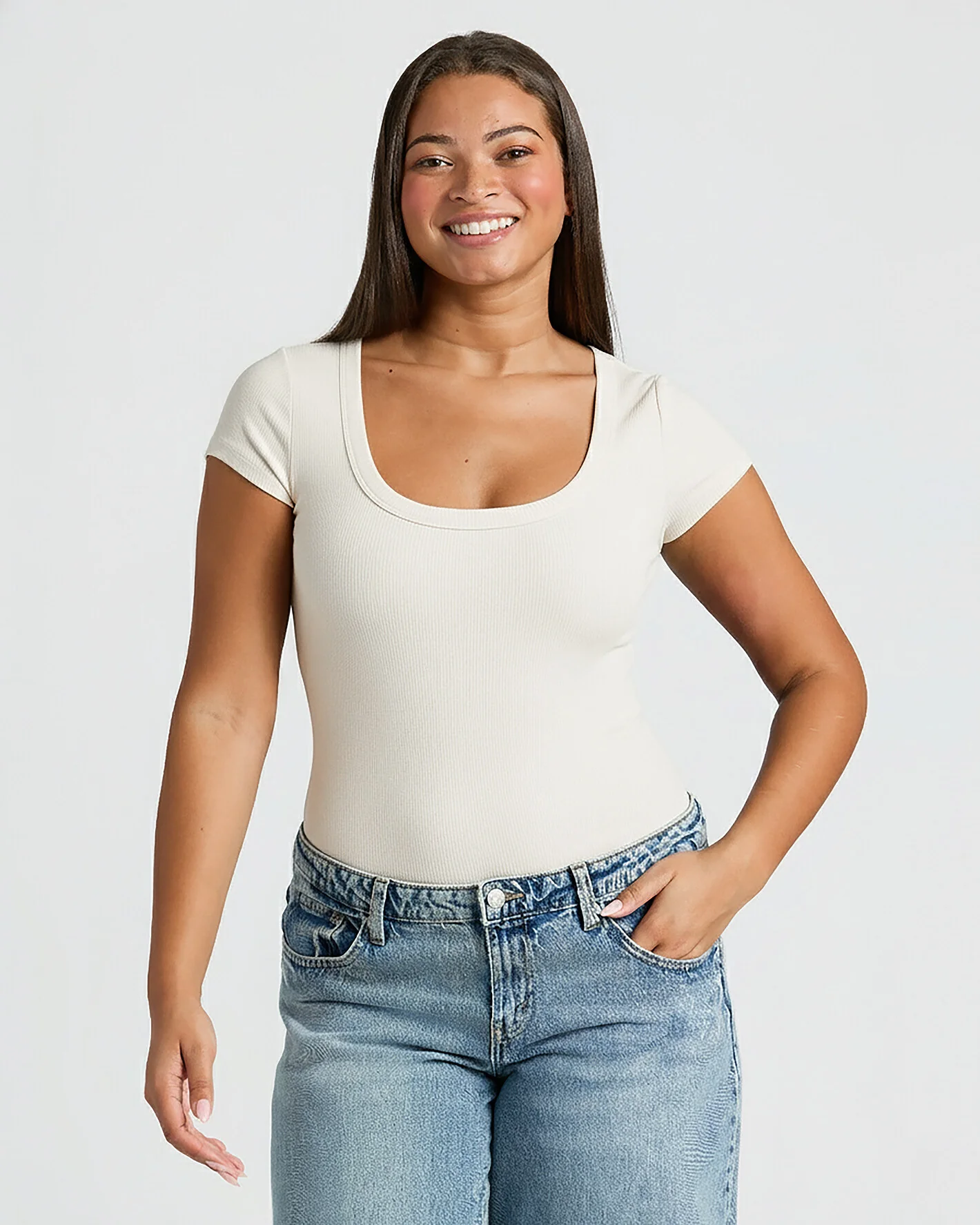 Womens Oatmeal Ribbed U-Neck Tee - Image 7