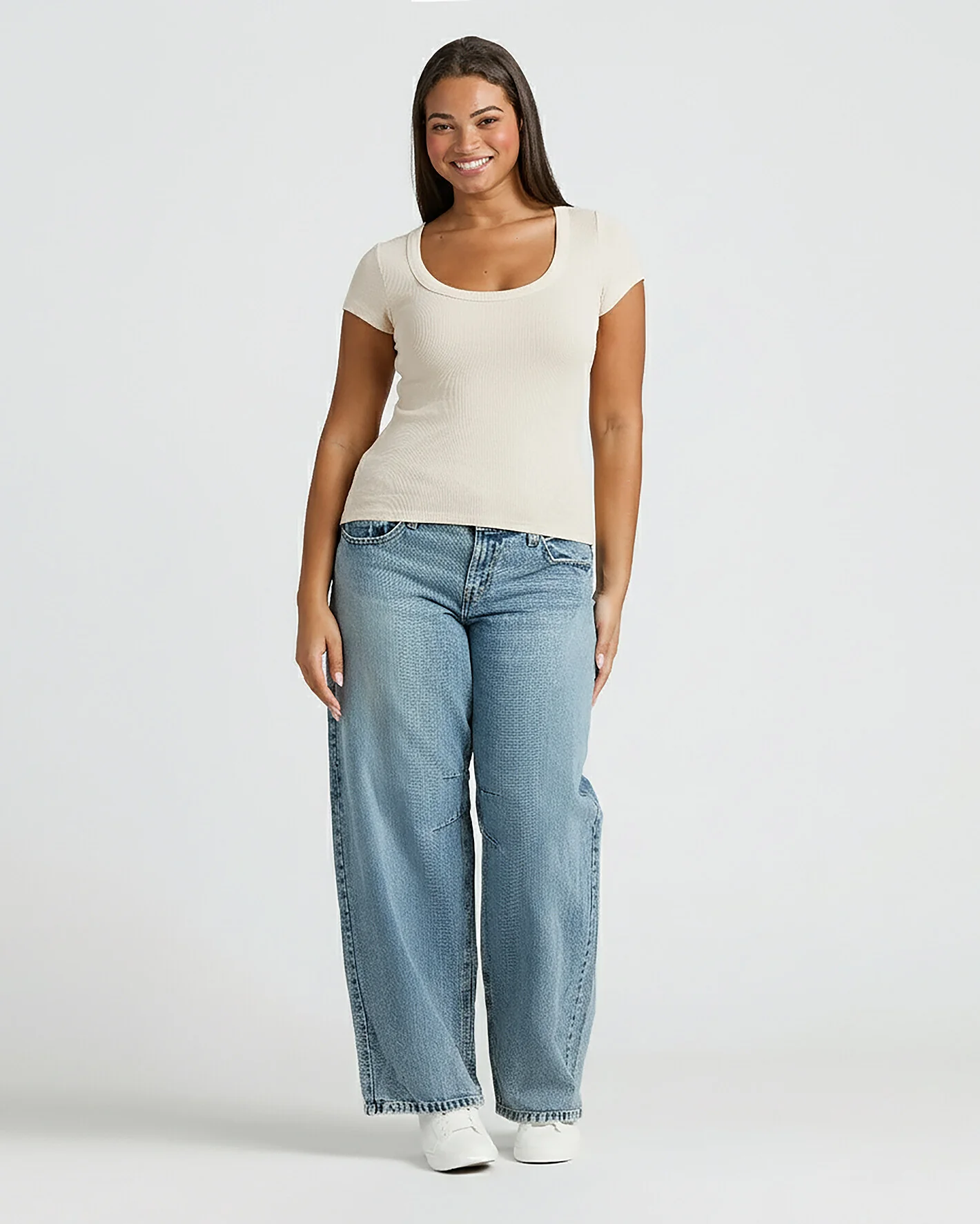 Womens Oatmeal Ribbed U-Neck Tee - Image 8