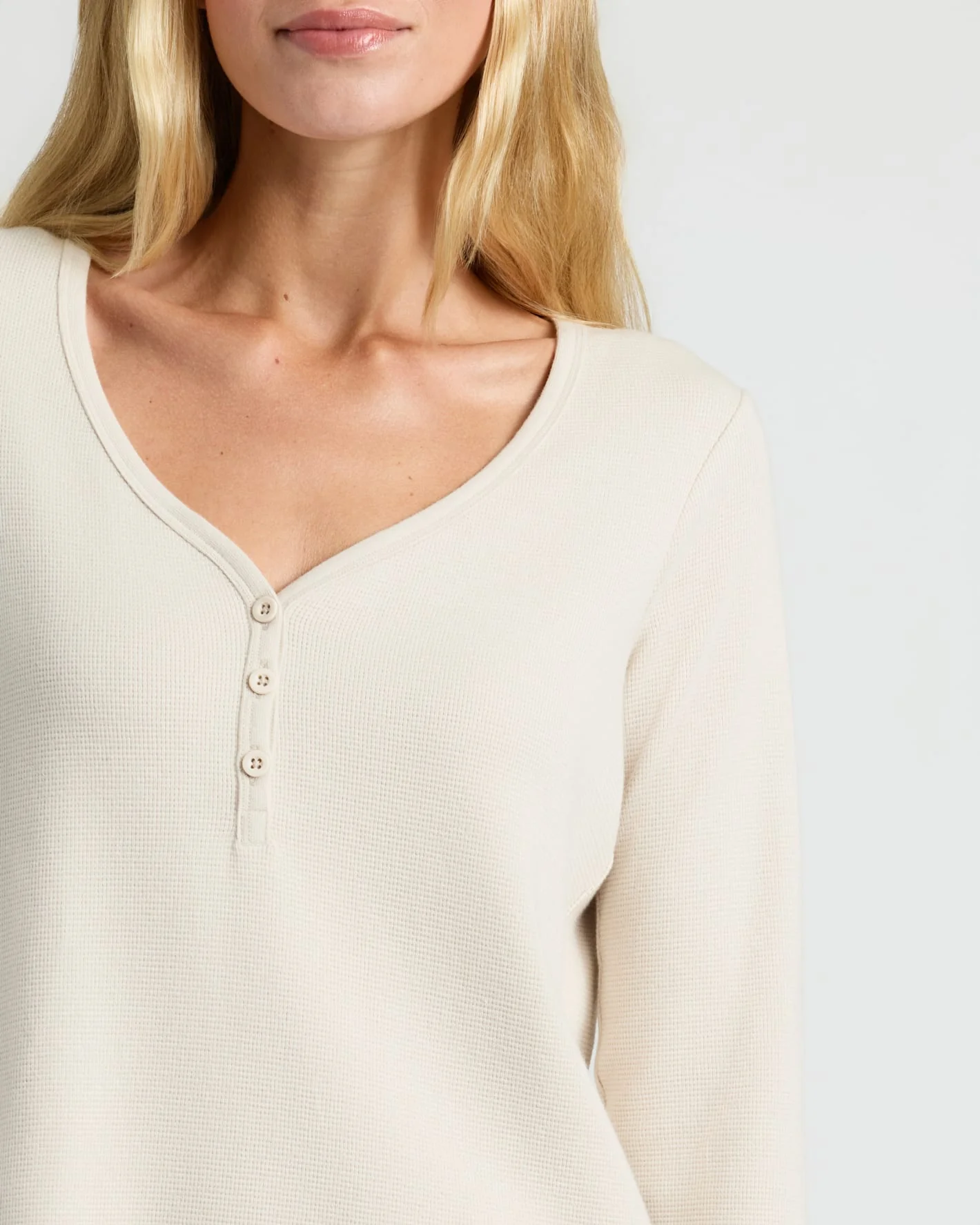 Womens Oatmeal Waffle Long Sleeve Boxy Henley - Image 5