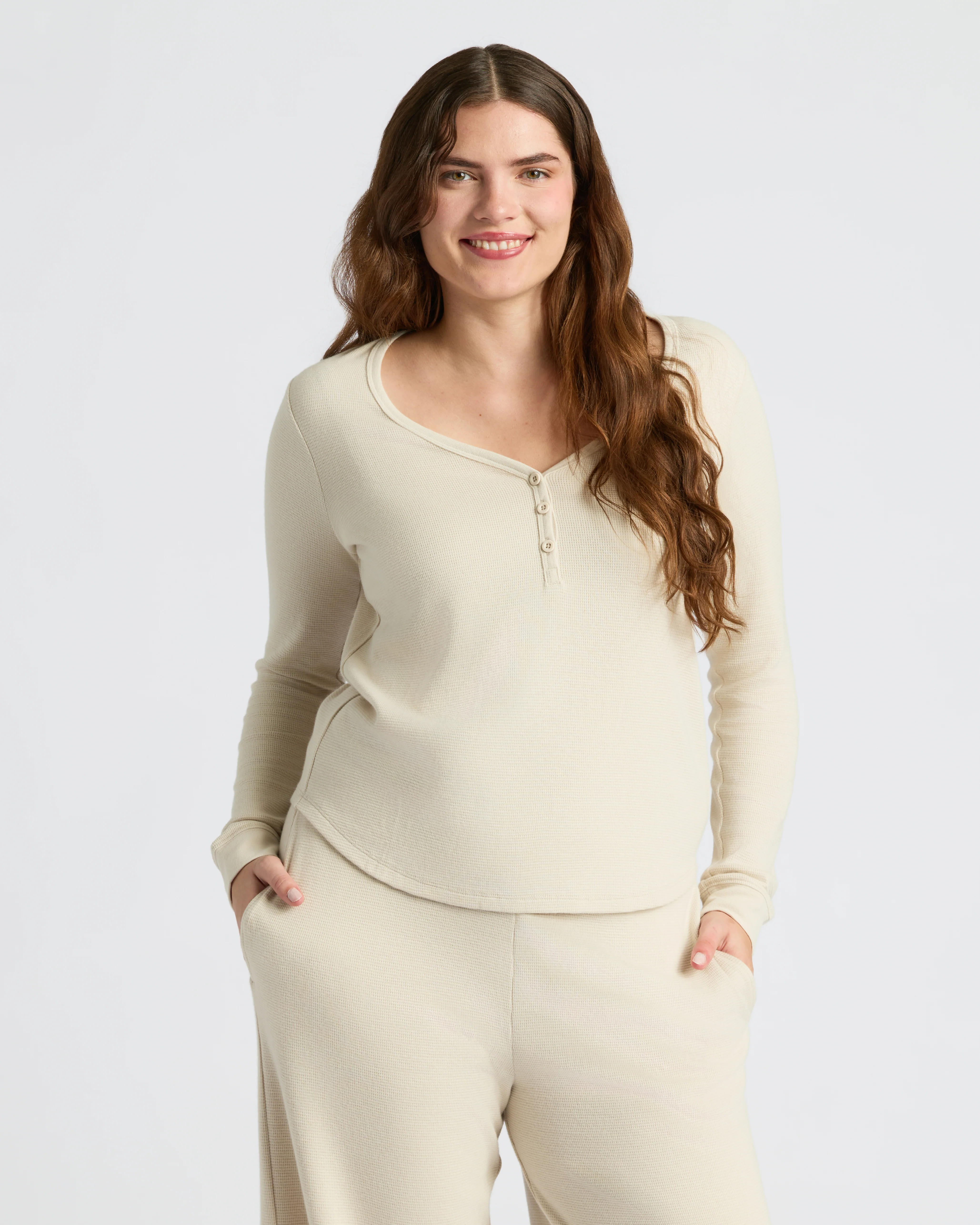 Womens Oatmeal Waffle Long Sleeve Boxy Henley - Image 7