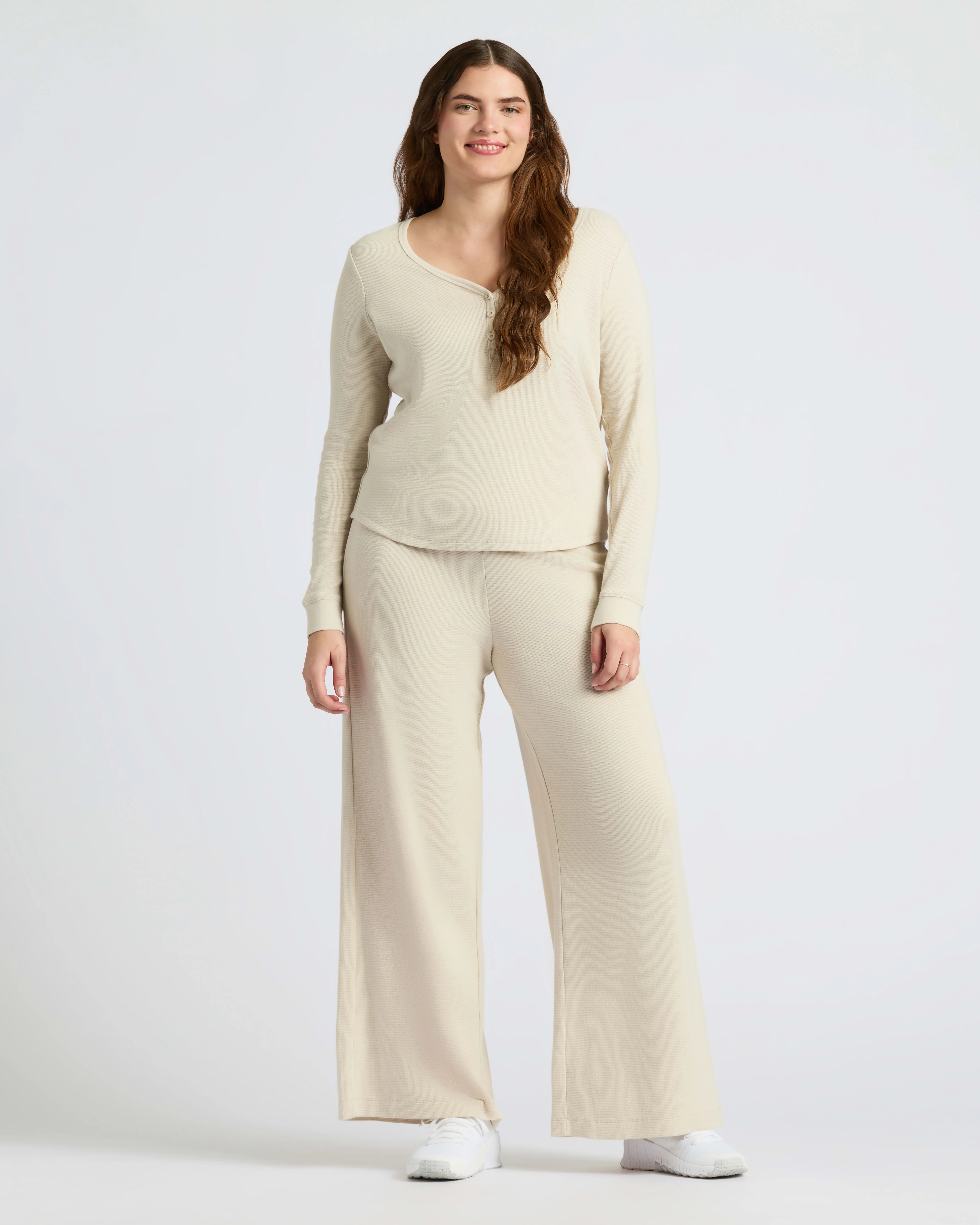 Womens Oatmeal Waffle Long Sleeve Boxy Henley - Image 8