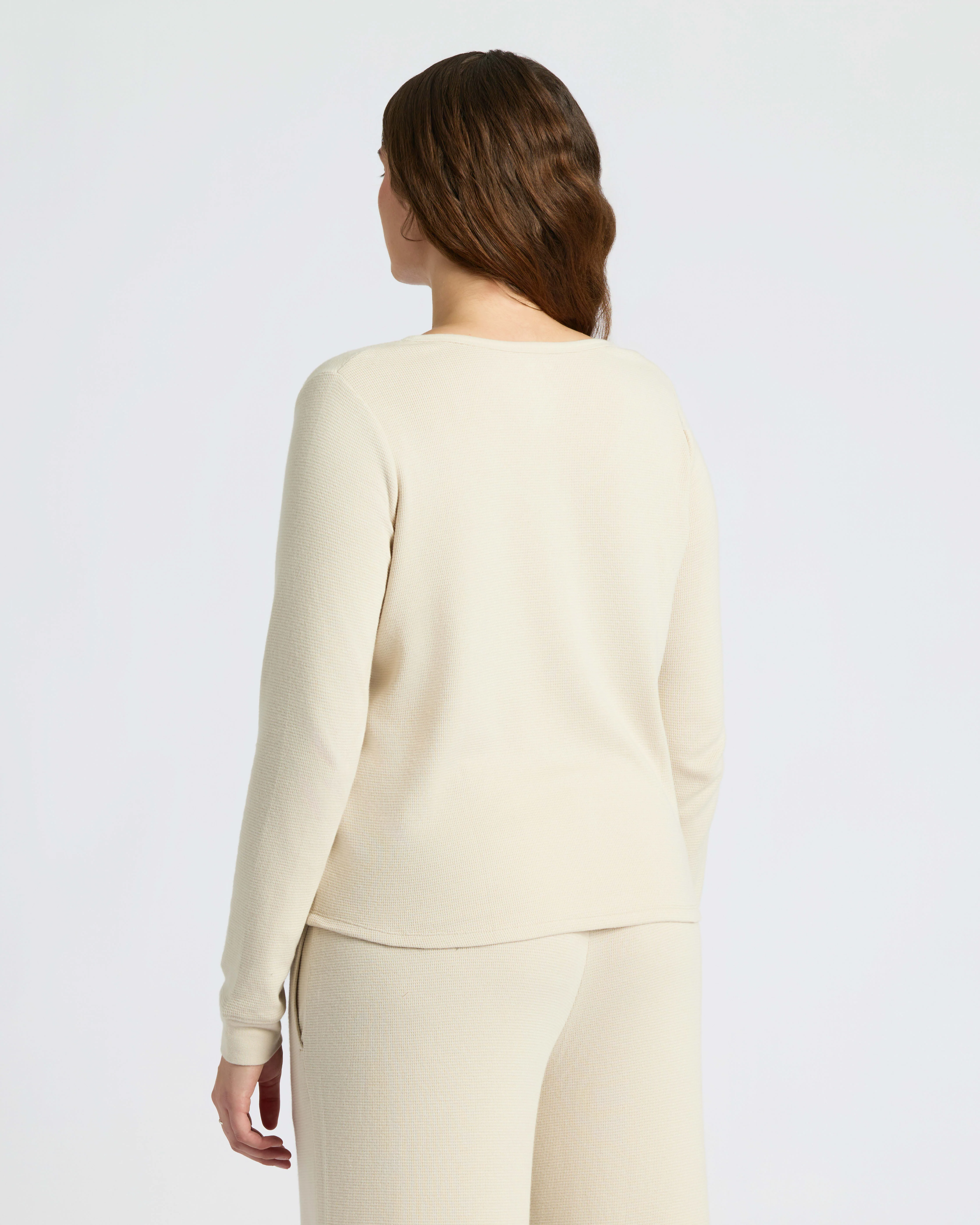 Womens Oatmeal Waffle Long Sleeve Boxy Henley - Image 9