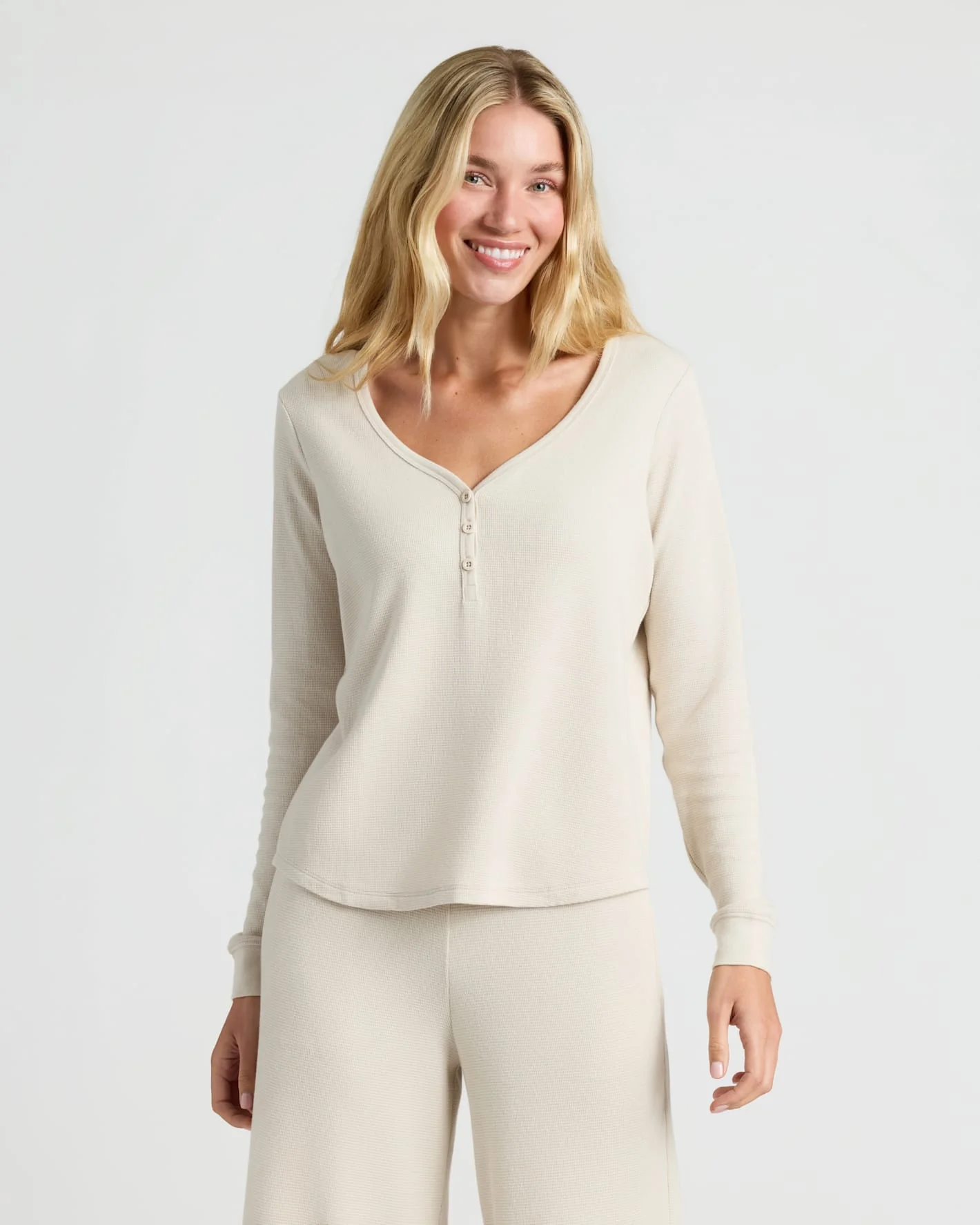 Womens Oatmeal Waffle Long Sleeve Henley & Waffle Leg Pant 2-Pack - Image 3