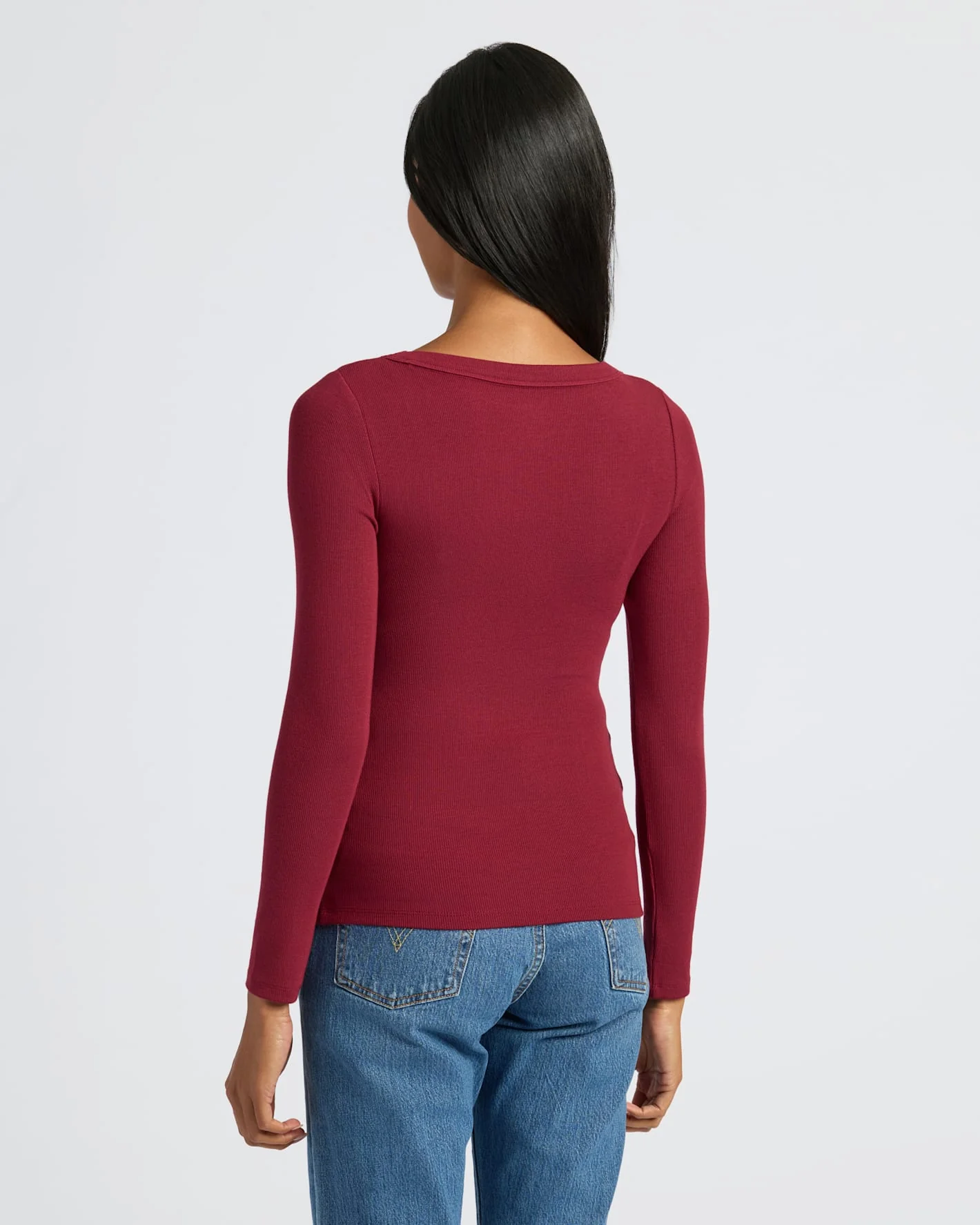 Womens Dark Maroon Ribbed Long Sleeve Scoop Neck Tee - Image 4