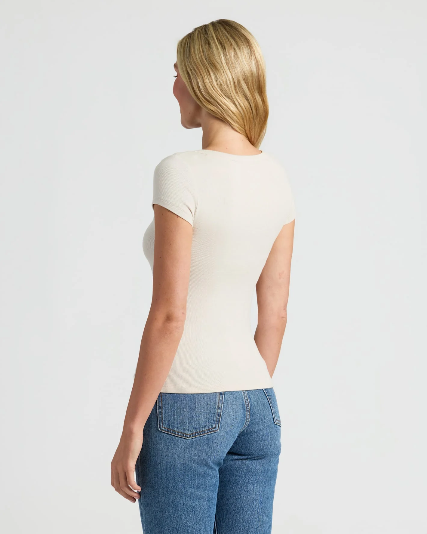 Womens Oatmeal Ribbed U-Neck Tee - Image 4