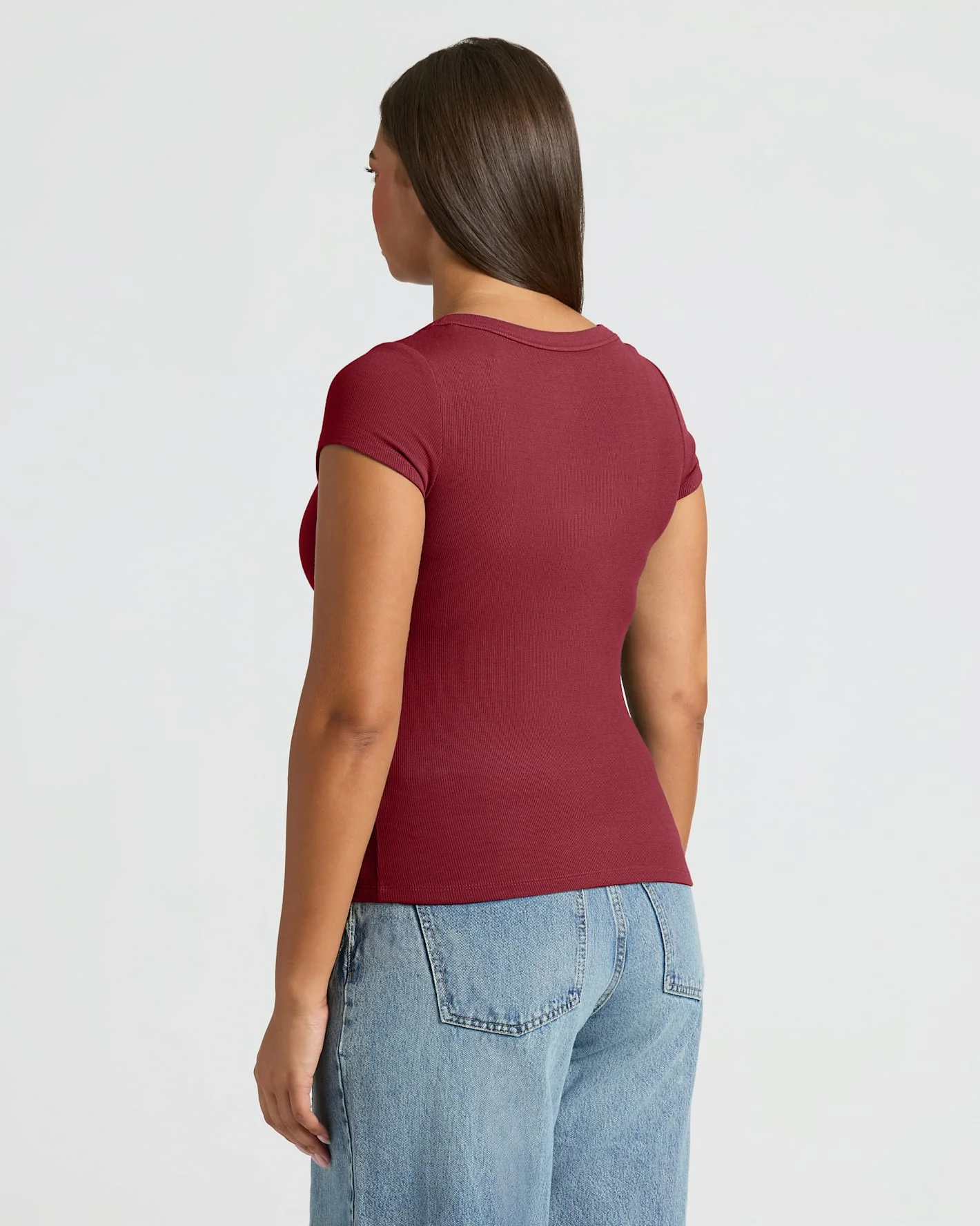 Womens Dark Maroon Ribbed U-Neck Tee - Image 4