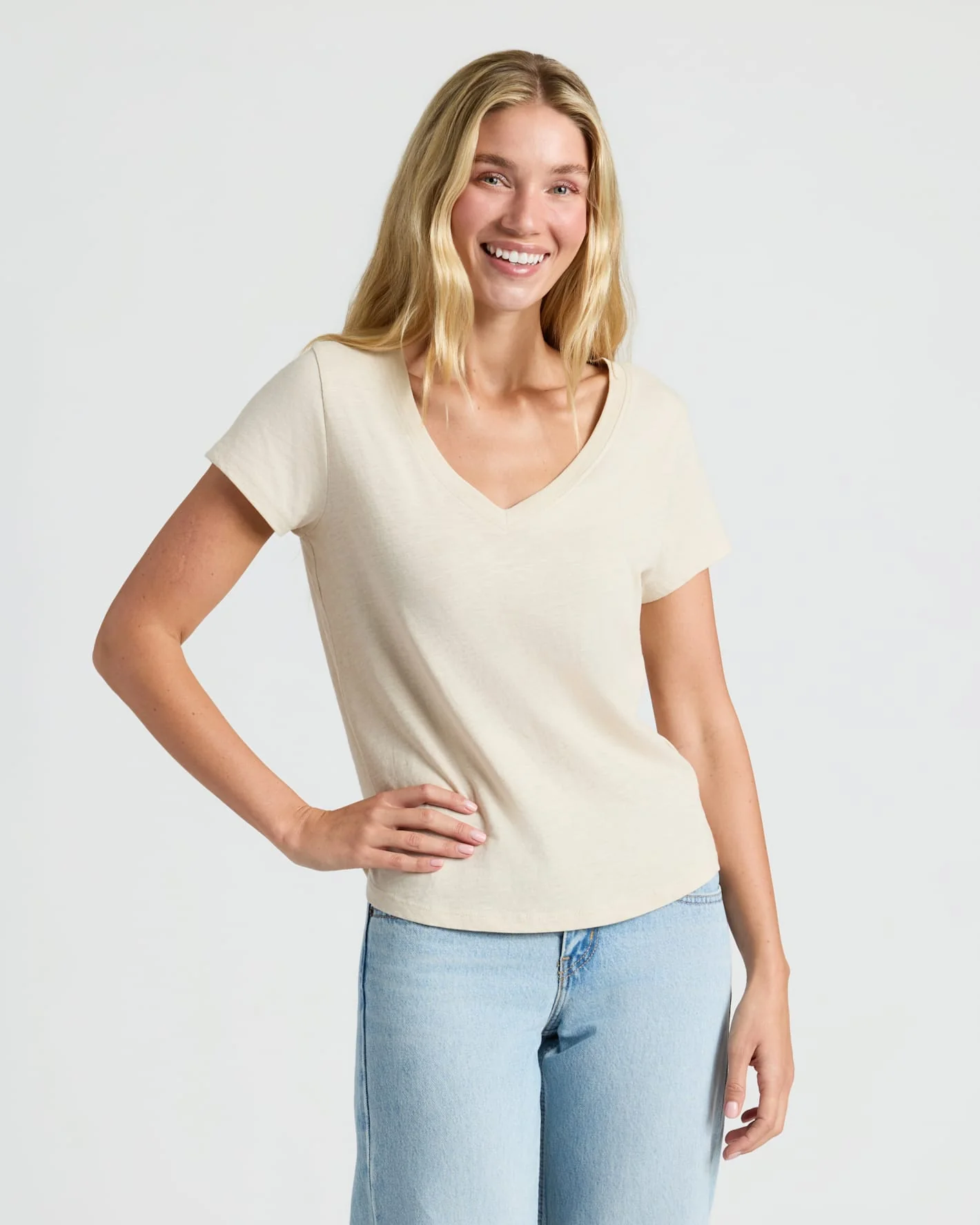 Womens Oatmeal Relaxed Slub V-Neck Tee 4-Pack - Image 2
