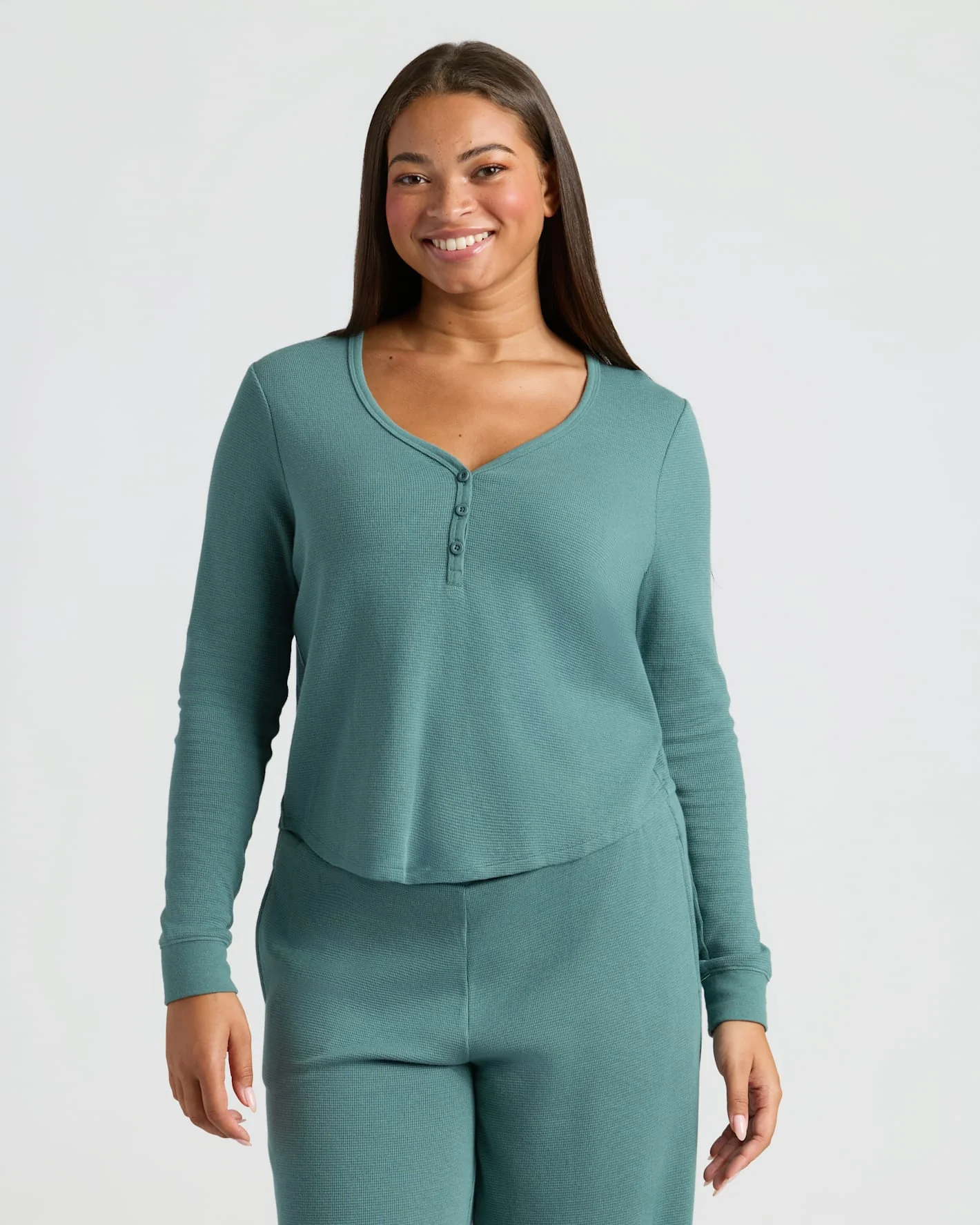 Womens Stormcloud Waffle Long Sleeve Boxy Henley